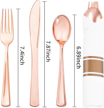Liacere 100Pack Rose Gold Plastic Silverware - Pre Rolled Napkins with Rose Gold Cutlery - Wrapped Silverware Set Disposable100 Forks Knives Spoons Wrapped Utensils for Wedding＆Valentine's Day