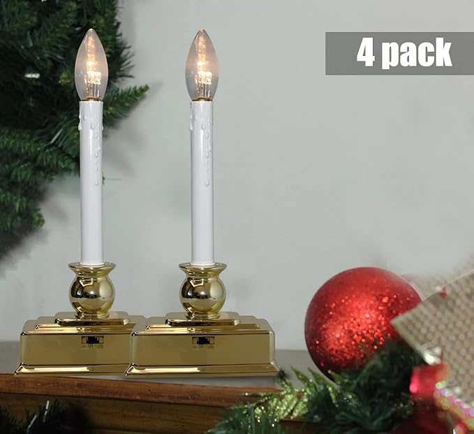 4 Pack Christmas Window Candles, 12 Inch Battery Operated LED Window Candles with Timer (8/16 Hour), 3V C26 Clear LED Bulb, Flameless Window Candle Lights for Christmas Table Party Decor-Gold Base