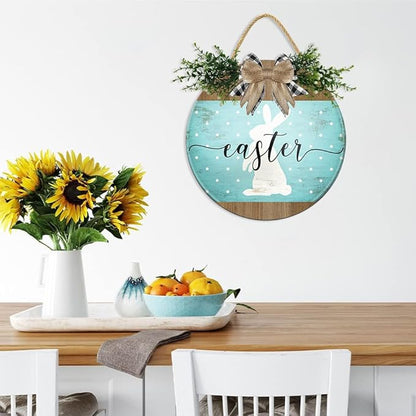 Boylee Easter Wooden Hanging Sign Easter Sign Door Decoration with Bow Rustic Easter Wood Wreath Sign for Easter Spring Holiday Home Coffee Shop Bakery Farmhouse Window