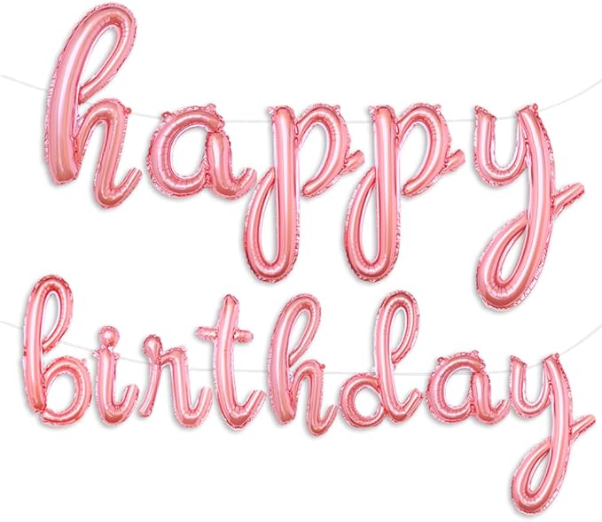 Rose Gold Happy Birthday Balloons Banner | Script/Cursive Rose Gold Letter Balloon Sign For Birthday Party Decor/Decoration | Foil Mylar Happy Birthday Banner