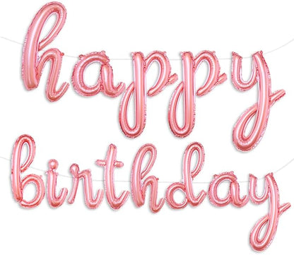Rose Gold Happy Birthday Balloons Banner | Script/Cursive Rose Gold Letter Balloon Sign For Birthday Party Decor/Decoration | Foil Mylar Happy Birthday Banner