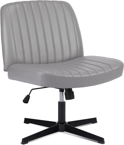 OLIXIS Criss Cross Legged Chairs Armless No Wheels Wide Seat Height Adjustable Swivel Padded PU Leather Home Office Desk Chair for Bedroom, Student, Study Room,Grey