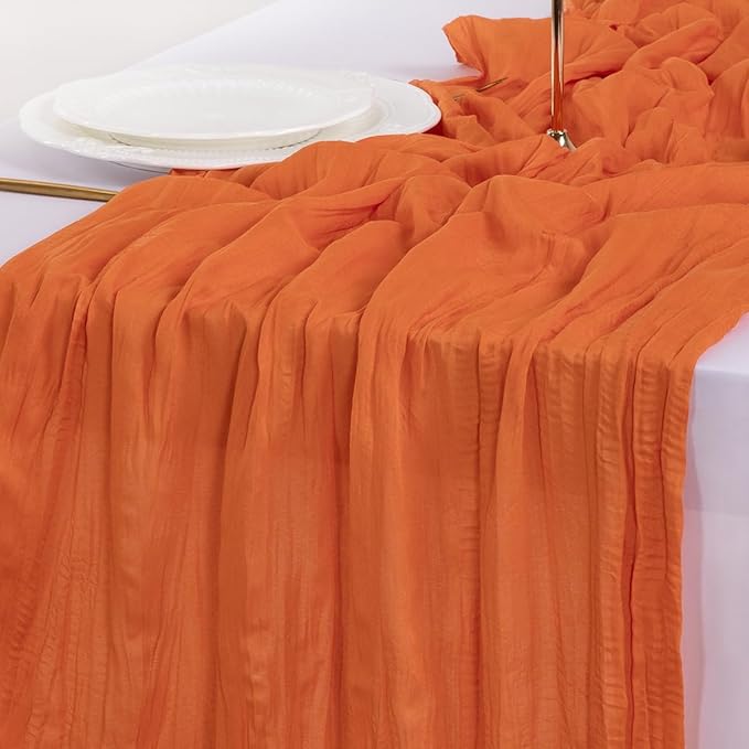 Socomi 6pcs Orange Cheesecloth Table Runner Fall Thanksgiving Boho Rustic Gauze 120 inch 10FT Cheese Cloth Runner for Wedding Party Baby Shower Birthday Home Decor Holiday Decorations