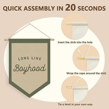 Boys Room Decor, Long Live Boyhood Linen Canvas Banner, Boy Nursery Wall Hanging Pennant Flag Banner for Boys Kids Toddler Room Bedroom Playroom Decor, 15x11in - Green
