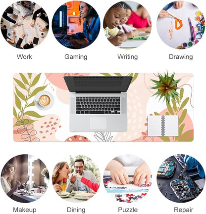 QIYI Large Mouse Pad, Cute Desk Mat for Desktop, Women Girls Minimalist Pink Office Desk Accessories, PU Leather Waterproof Gaming Mousepad, Tropical Leaves Desk Pad Computer Mat, 31.5" x 11.8"