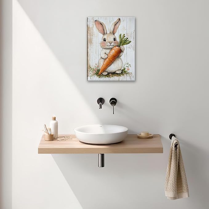 Rabbit Wall Art, Easter Bunny Pictures Wall Decor, Farmhouse Rabbit Carrot Canvas Prints, Rustic Cute Animal Painting Framed Artwork for Bathroom Living Room Bedroom Office Dining Room 20"X16"