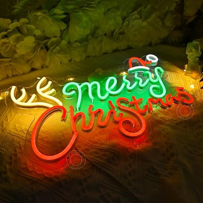 SYLHOME Merry Christmas Led Neon Light Sign Santa Hat Christmas Tree Party Home Bedroom Wall Sign Decor Backdrop Xmas 15.75" X 9.8" USB Colorful