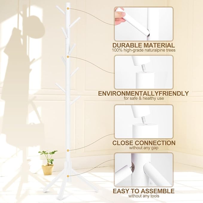 Solid Wooden Coat Rack Freestanding, New Zealand Pine Coat Tree with 8 Hooks & 3 Adjustable Sizes for Coats, Hats, Handbags and Scarves, Space Saving for Entryway/Office/Bedroom (White)