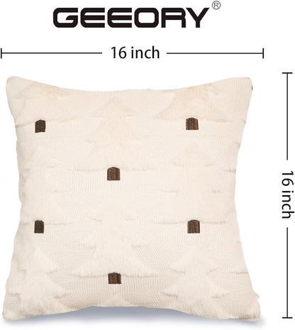 GEEORY Christmas Pillow Covers 16x16 Inch Set of 2, Christmas Decorations Xmas Tree Soft Plush Fluffy Faux Fur Decorative Throw Pillows Farmhouse Winter Cushion Case Beige Brown GC034-16