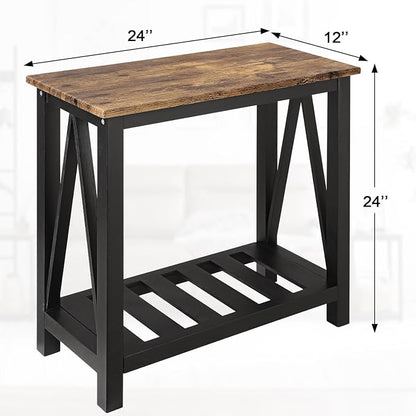 Narrow Side Table Rectangular End Tables with Storage Shelf Small Industrial Nightstands Bedside Table for Small Spaces Living Room Bedroom Bathroom Brown Smooth Tabletop and Black Legs