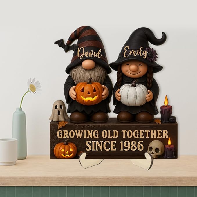 Growing Old Together Gnomes Halloween Wooden Sign, Gifts for Him Her Wife Husband, Custom Wood Plaque Couples Gift, Valentine Christmas Gift For Parents, Grandparents Gothic Decorations Sign 34