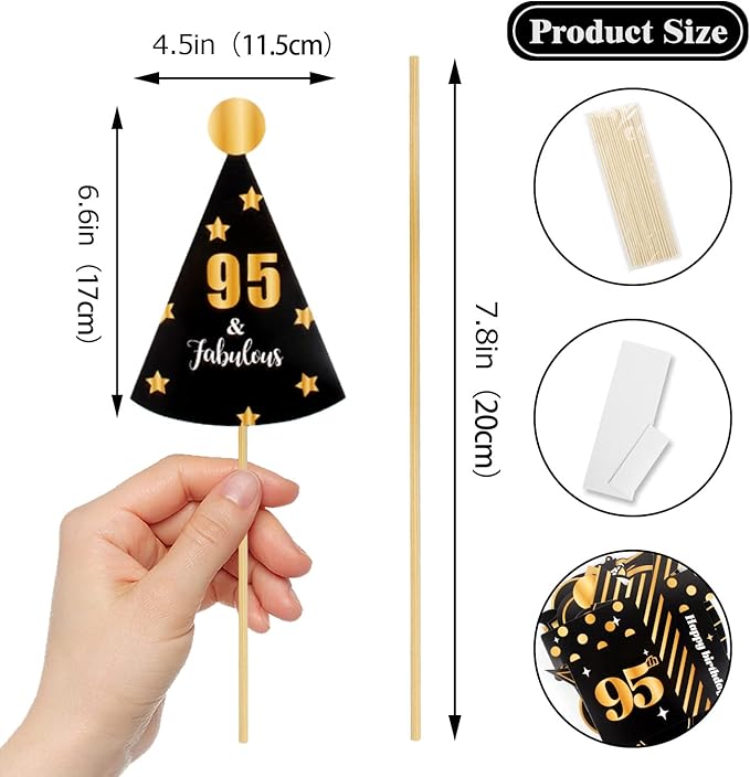 LINGTEER Happy 95th Birthday Party Photo Booth Props,Cheers to 95th Birthday 95th Years Old Bday Party Centerpieces Props Decorations Sign.