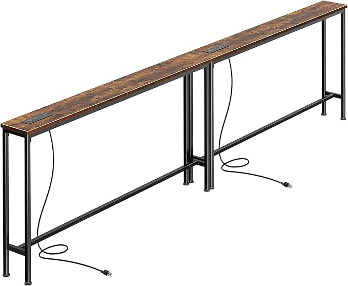 SUPERJARE 102.4 Inch Sofa Table with Power Outlets and USB-C Ports, 5.9 Inch Narrow Console Tables, Entryway Hallway Couch Tables with Storage, Behind Sofa, Small Spaces, Living Room, Rustic Brown