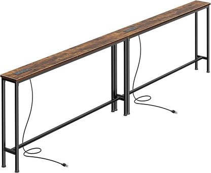SUPERJARE 102.4 Inch Sofa Table with Power Outlets and USB-C Ports, 5.9 Inch Narrow Console Tables, Entryway Hallway Couch Tables with Storage, Behind Sofa, Small Spaces, Living Room, Rustic Brown