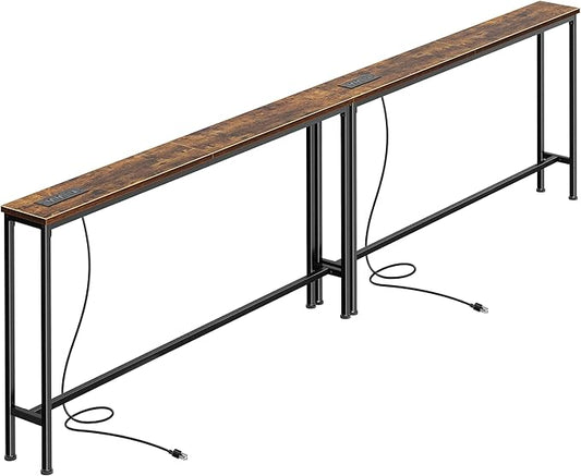 SUPERJARE 102.4 Inch Sofa Table with Power Outlets and USB-C Ports, 5.9 Inch Narrow Console Tables, Entryway Hallway Couch Tables with Storage, Behind Sofa, Small Spaces, Living Room, Rustic Brown
