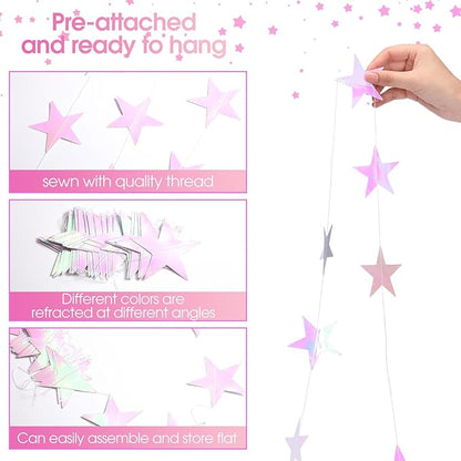 Patelai Glitter Star Garland Banner Christmas Decor 130 Feet Star Hanging Bunting Banner Twinkle Backdrop for Homecoming Classroom Wedding Birthday Halloween Party Supplies(Iridescent Pink)