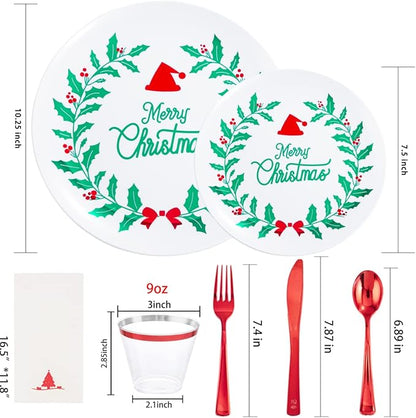 Liacere 175PCS Christmas Plastic Plates - White & Green; Includes 50 Wreath Plates, 25 Red Cutlery, 25 Cups, 25 Tree Napkins