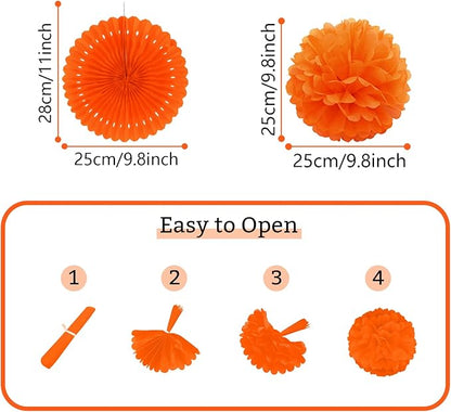 Orange Party Decorations, Papar Fans Pompoms Fans Garlands for Halloween Birthday Bridal Baby Shower Wedding Graduation Spring Festival Party Decorations