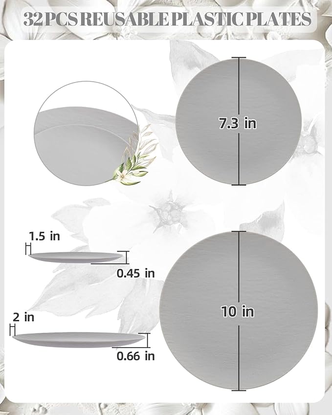 WONDERFUL 32pcs Light Grey Plastic Plates Reusable Unbreakable & Dishwasher safe Dishes Set Outdoor Plates Includes:16 Dinner 10" and 16 Dessert Plate 7.3" Ideal for BBQ Camping Christmas New Year
