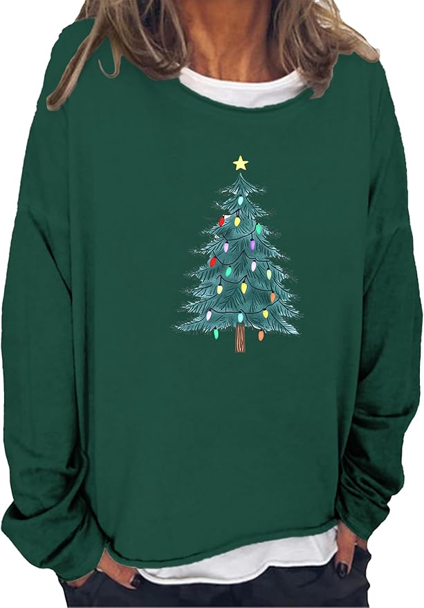 LOAIHA Merry Christmas Sweatshirt Crewneck Snowman Graphic Shirts Christmas Tree Sweater Long Sleeve Xmas Hoodie Pullover