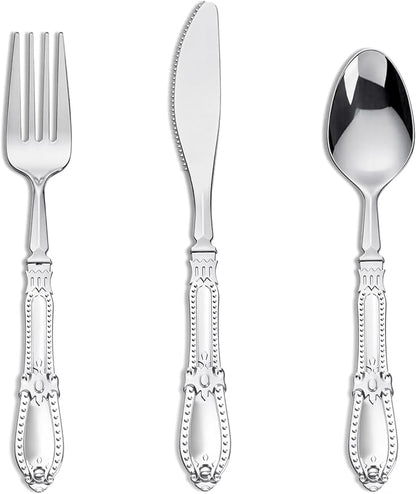 Nervure 90PCS Silver Plastic Silverware - Heavy Duty Disposable Cutlery Set, Luxury Silver Plastic Utensils include 30Pcs Forks, 30Pcs Spoons, 30pcs Knives. Perfect for Wedding, Party, Daily Use