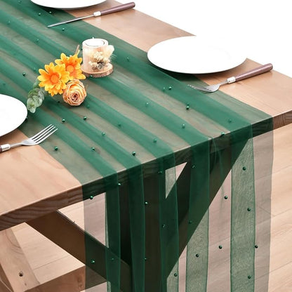 Dark Green Pearl Fall Thanksgiving Table Runner Boho Rustic Tulle Lace Table Runner for Baby Shower Wedding Arch Decor Veil Dessert Table Decor 3pcs