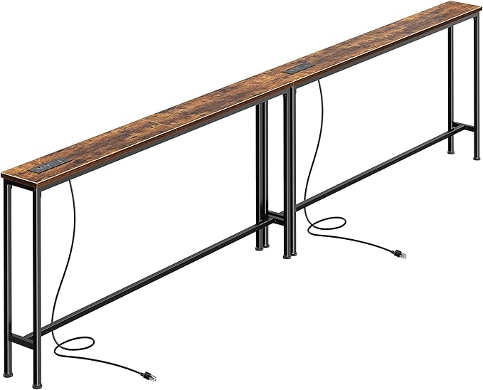 SUPERJARE 106.3 Inch Sofa Table with Power Outlets and USB-C Ports, 5.9 Inch Narrow Console Tables, Entryway Hallway Couch Tables with Storage, Behind Sofa, Small Spaces, Living Room, Rustic Brown