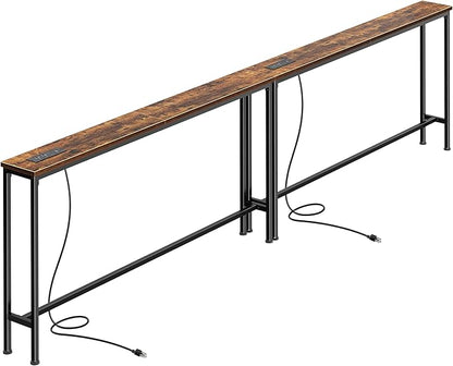 SUPERJARE 106.3 Inch Sofa Table with Power Outlets and USB-C Ports, 5.9 Inch Narrow Console Tables, Entryway Hallway Couch Tables with Storage, Behind Sofa, Small Spaces, Living Room, Rustic Brown