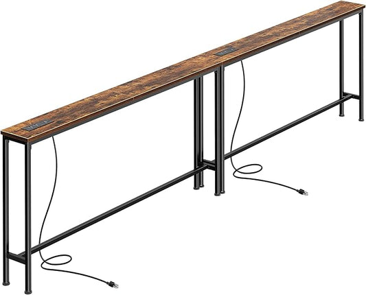 SUPERJARE 106.3 Inch Sofa Table with Power Outlets and USB-C Ports, 5.9 Inch Narrow Console Tables, Entryway Hallway Couch Tables with Storage, Behind Sofa, Small Spaces, Living Room, Rustic Brown