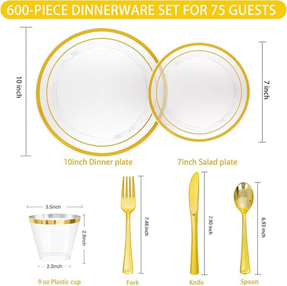 WELLIFE 600 PCS Clear Gold Disposable Dinnerware Set for 100 Guests, Clear and Gold Plastic Plates, Gold rimmed Plastic Dinner & Salad Plates,Cups,Silverware Set for Wedding