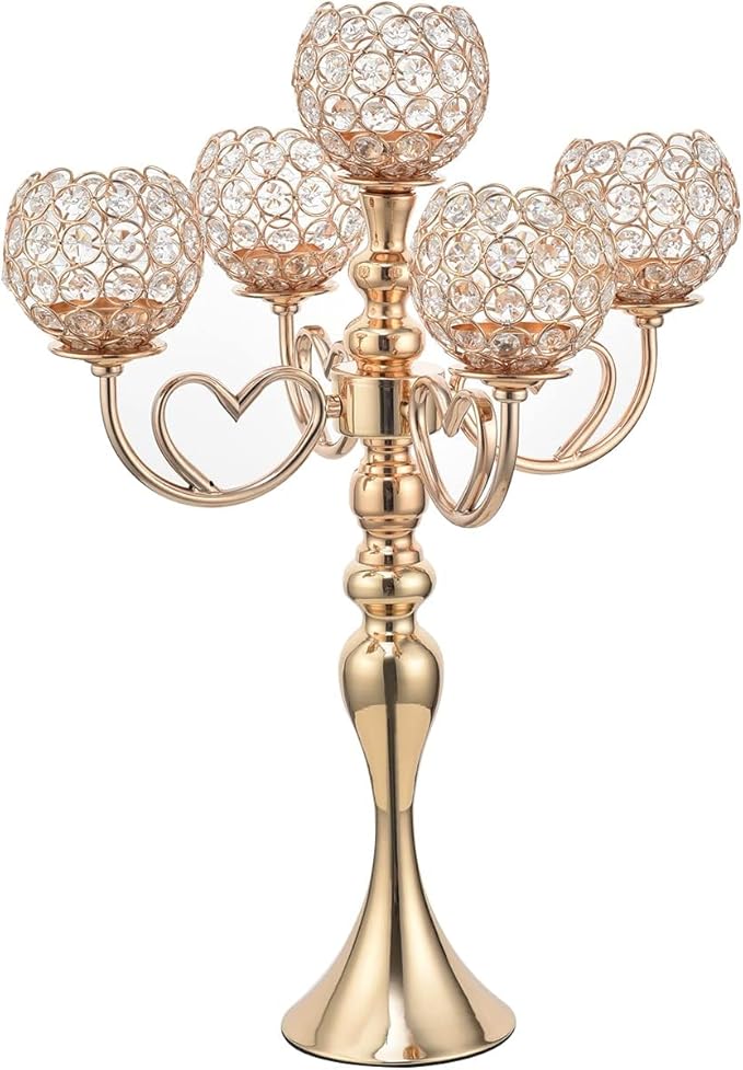 VINCIGANT Gold Candelabra Candle Holder, Elegant Centerpiece Table Decorations 5 Arms Candlesticks for Dining Room,21.5 Inches Tall