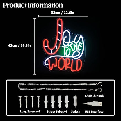 Joy To The World Neon Sign Christmas Neon Light Jesus LED Neon Lights Signs Christmas Cane Neon Wall Light Joy Neon Light Up Signs for Bedroom Party Home Church Christmas Decor Gifts