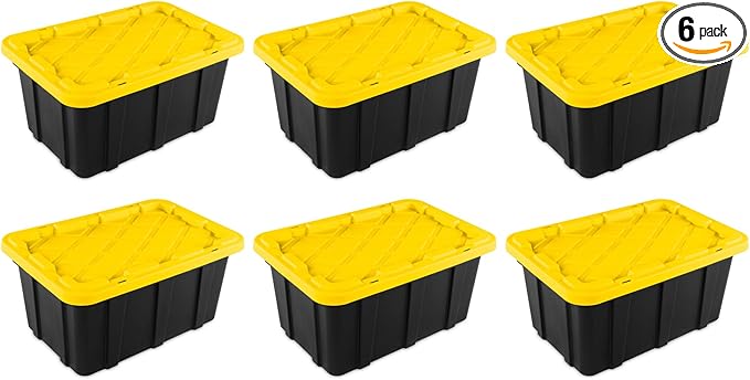 Sterilite 17 Gal Industrial Tote, Stackable Storage Bin with Snap-Fit Lid for Garage, Basement & Attic Storage, Black Base and Yellow Lily Lid, 6-Pack