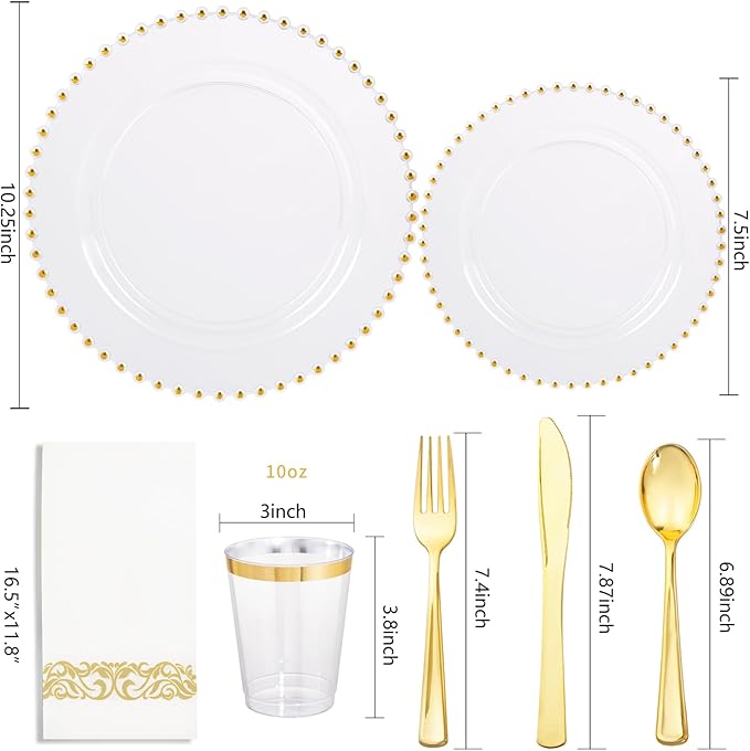 LIYH 350 Pcs Clear Plastic Plates - Gold Rim Plastic Dinnerware Set Elegant Disposable Plates Include Dinner & Dessert Plate Cups Gold Silverware Wedding Napkins for Birthday Party Wedding 50 Guests