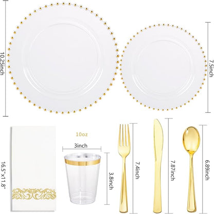 LIYH 350 Pcs Clear Plastic Plates - Gold Rim Plastic Dinnerware Set Elegant Disposable Plates Include Dinner & Dessert Plate Cups Gold Silverware Wedding Napkins for Birthday Party Wedding 50 Guests