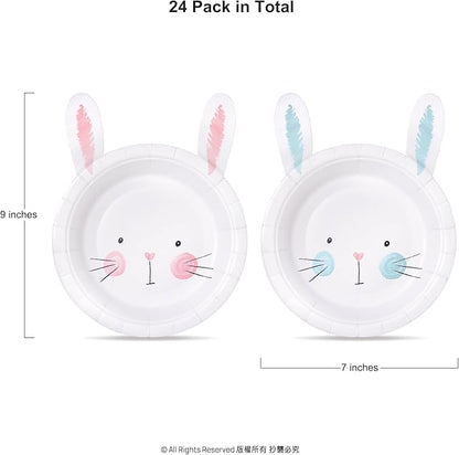Cheerland Bunny Birthday Paper Plates in Pink and Blue Rabbit Party Decoration for Gender Reveal Baby Shower Easter Egg Hunt Themed Party Supplies Spring Garden Tea Party Decorations (Pack of 24)