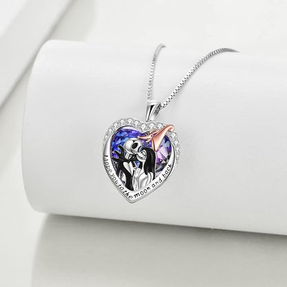 LILALO Christmas Gifts Nightmare Necklace Sterling Silver Abalone Shell Crystal Jack and Sally Necklace Jack Skellington Skull Jewelry Skull Necklaces for Women