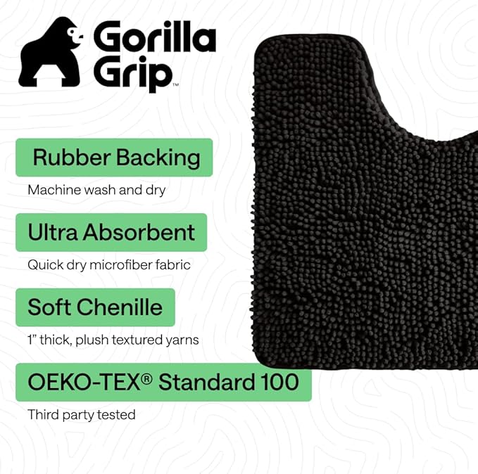 GORILLA GRIP Bathroom Rug Sets 3 Piece, Bath Mat Set and Oval Toilet Base with Rubber Backing, Plush Absorbent Shaggy Chenille Washable Mats, Includes 24x19.5, 24x17 and 30x20 Inch Rugs, Onyx