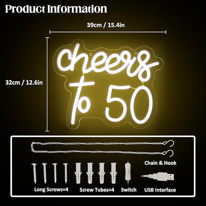 Cheers to 50 Neon Sign Happy 50th Birthday LED Signs for Wall Decor Warm White Neon Light Sign Letter Neon light Cheers to 50 Years Neon Signs for Bedroom Bar Birthday Wedding Party Decor