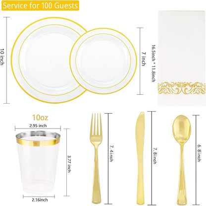 700 Pieces Gold Dinnerware Set - 100 Guests Clear Disposable Dinnerware Set for Party, Wedding, Include: 200 Clear Plates with Gold Trim, 100 Cups, 100 Napkins, 100 Plastic Silverware Sets