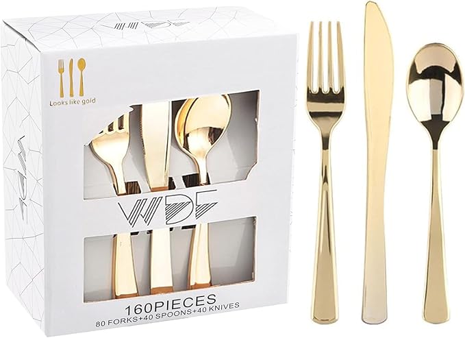 WDF 160 Piece Gold Plastic Silverware - Heavy Duty Gold Silverware Includes 80 Forks, 40 Spoons, 40 Knives, Plastic Utensils Perfect for Wedding, Thanksgiving Party