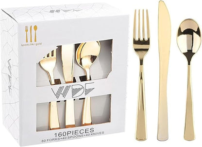 WDF 160 Piece Gold Plastic Silverware - Heavy Duty Gold Silverware Includes 80 Forks, 40 Spoons, 40 Knives, Plastic Utensils Perfect for Wedding, Thanksgiving Party