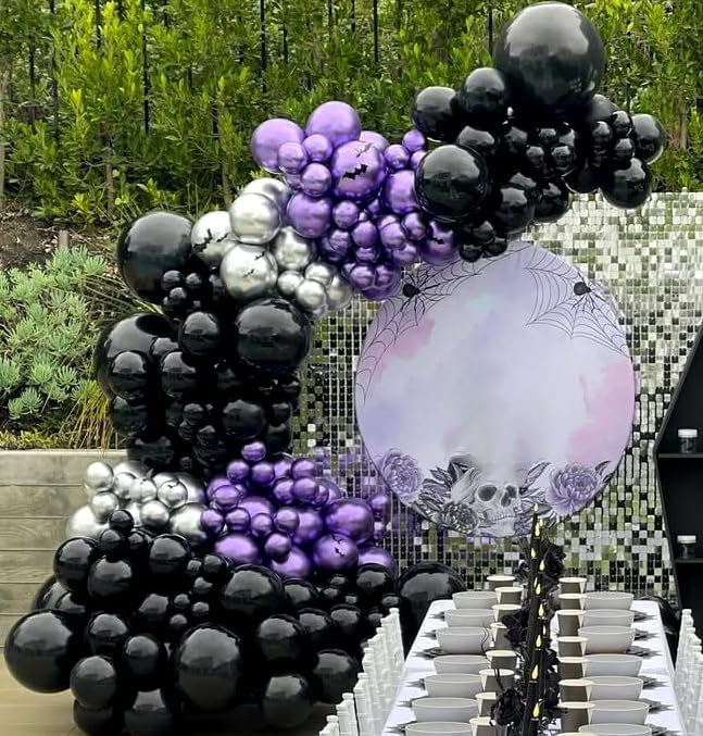 162pcs Purple and Black Balloons Garland Arch Kit, Metallic Purple Silver Black and Confetti Balloons in Different Sizes for Halloween Wednesday Vampire Theme Birthday Party Decorations