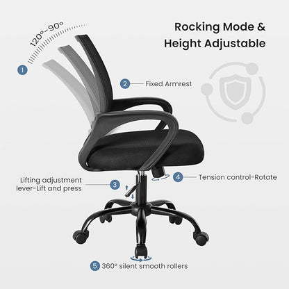 DUMOS Home Office Chair - Ergonomic Mid Back Mesh Desk Chair with Lumbar Support & Rocking Mode, Height Adjustable with Fixed Armrest, for Computer, Gaming, Meeting, 360° Swivel, Black