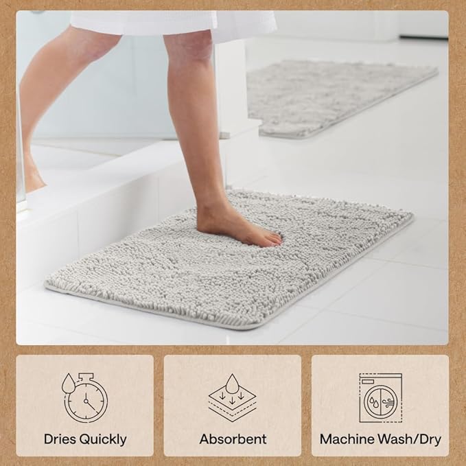 GORILLA GRIP Bath Rug Mat 54x24, Soft Absorbent Chenille, Quick Dry Microfiber Mats, Rubber Backing Washable Shower Floor Rugs, Bathmat Runner, US Designed Bathroom Home Decor Accessories Light Gray