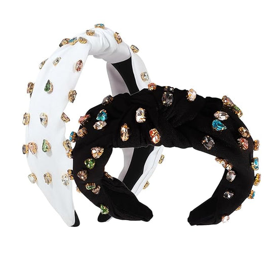 JILIYUPA Carnival Headband Rhinestone Cross Knotted Turban Hair Hoop Carnival Crystal Twist Velvet Wide Hairband Party Hair Accessory (white, Black)