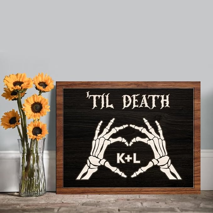 Custom Couple Skeleton Wooden Sign, Ghost Couple Gift, Halloween Skeletons Wedding Frame Sign, Til Death Sign, Gothic Home Decor, Wood Sign Gifts for Birthday Valentine Engaged Bridal Party a9