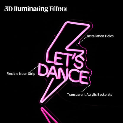 Let's Dance Neon Sign Pink Led Word Light Sign Lightning Bolt Neon Light Dance Light Up Signs Letter Neon Signs for Bedroom Bar Wedding Birthday Dancing Party Prom Night Decor Girl Gifts