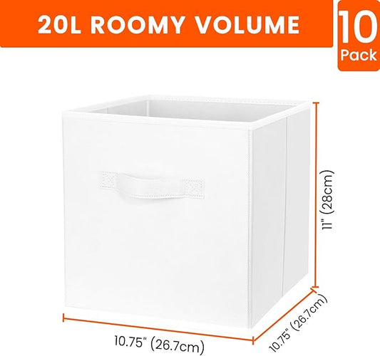 Criusia Storage Cubes, 11 Inch Cube Storage Bins for Shelves Closet Nursery Bedroom - 10 Pack Collapsible Baskets with Handles - Fabric Bins for Organizing Clothes Blanket Toys (White)