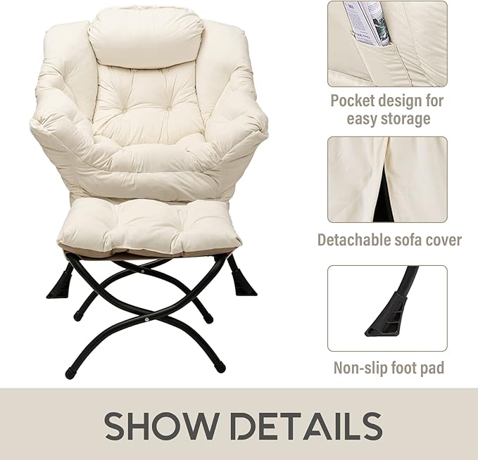LITA Lazy Chair with Ottoman, Modern Accent Leisure Upholstered Sofa Chair, Contemporary Lounge Reading Chairs with Armrests and a Side Pocket for Living Room, Bedroom & Small Space, Beige
